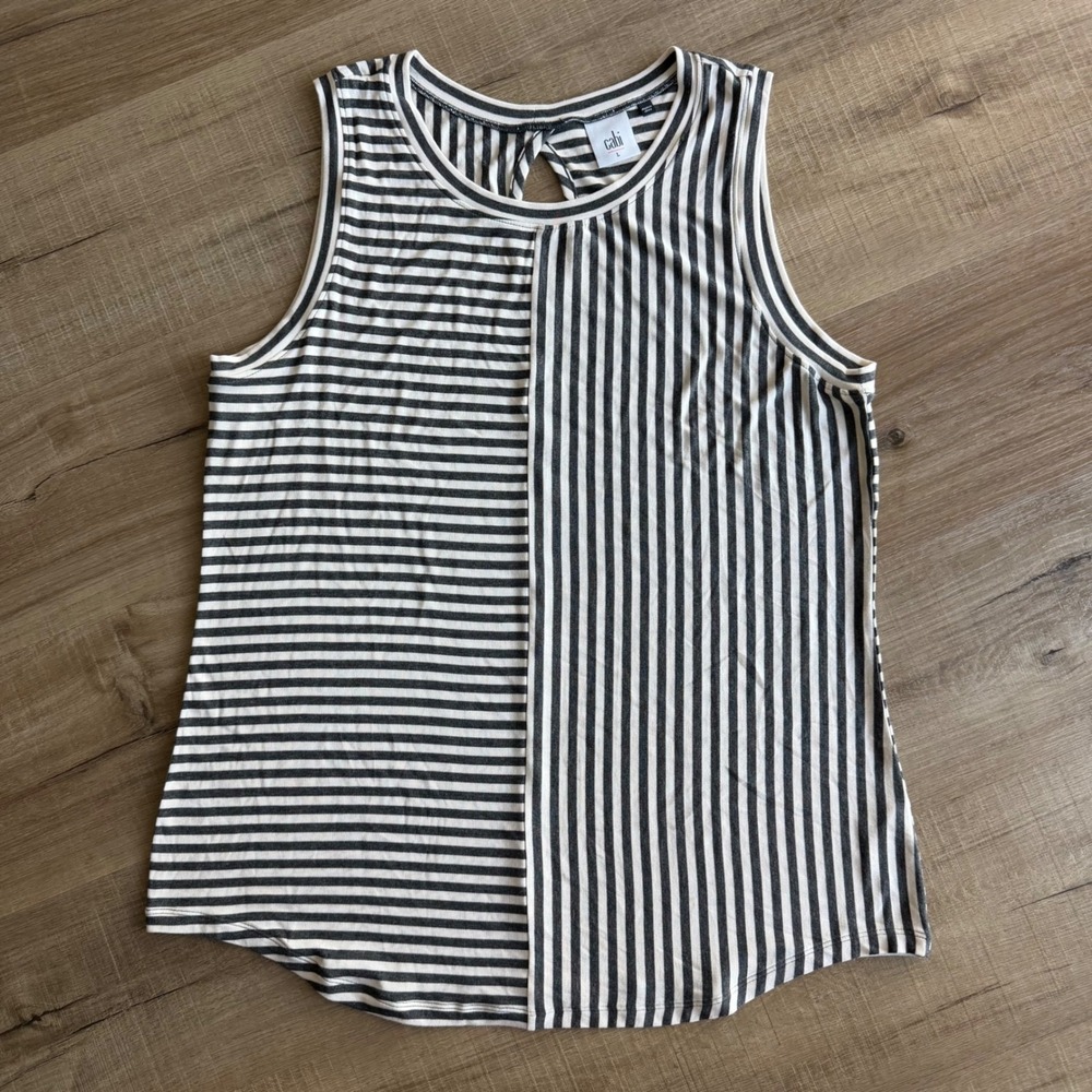 Cabi 3417 Mixed Stripe Tank Top Womens Large Gray White Keyhole Back Sleeveless